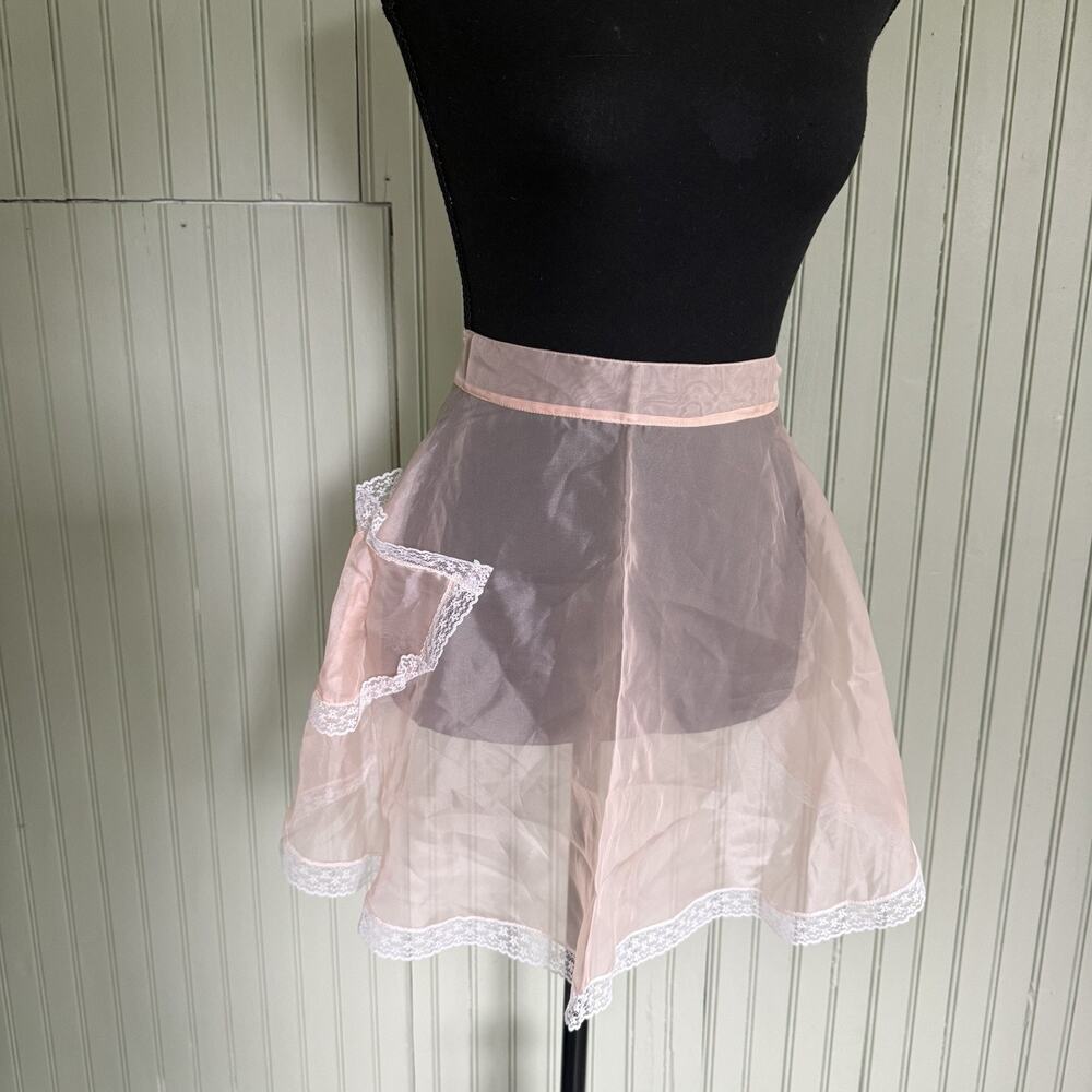 Vtg Hostess Half Apron Sheer Pink MCM 50s Pocket Retro Tie Trad Cottage Lace
